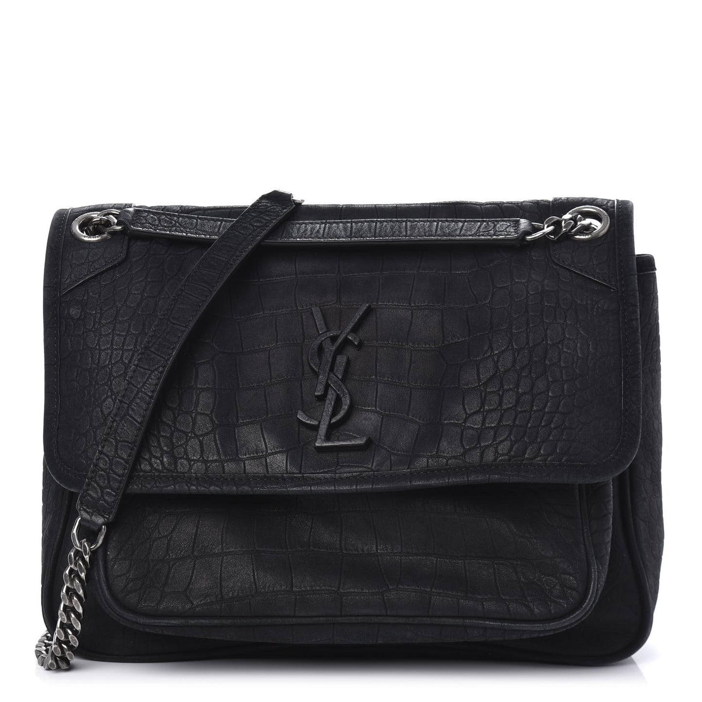 Nubuck Crocodile Embossed Monogram Medium Niki Chain Satchel Black