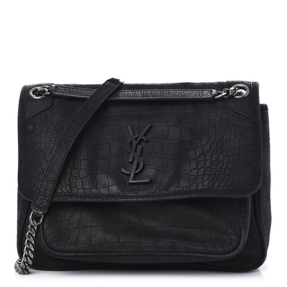 Saint Laurent Nubuck Crocodile Embossed Monogram Medium Niki Chain Satchel Black 1 of 9