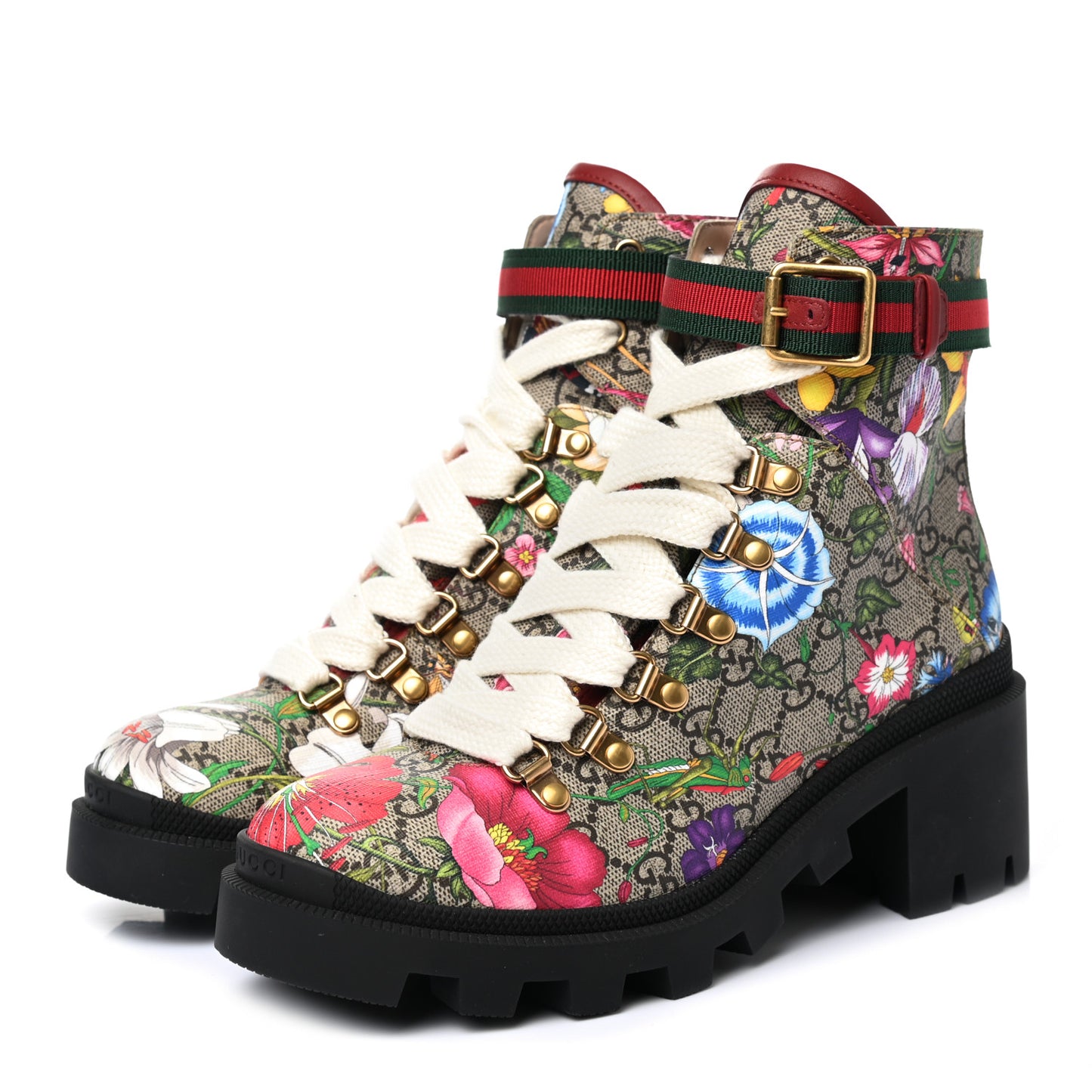 GG Supreme Monogram Flora Lace Up Combat Ankle Boots 37.5 Beige Multicolor Red