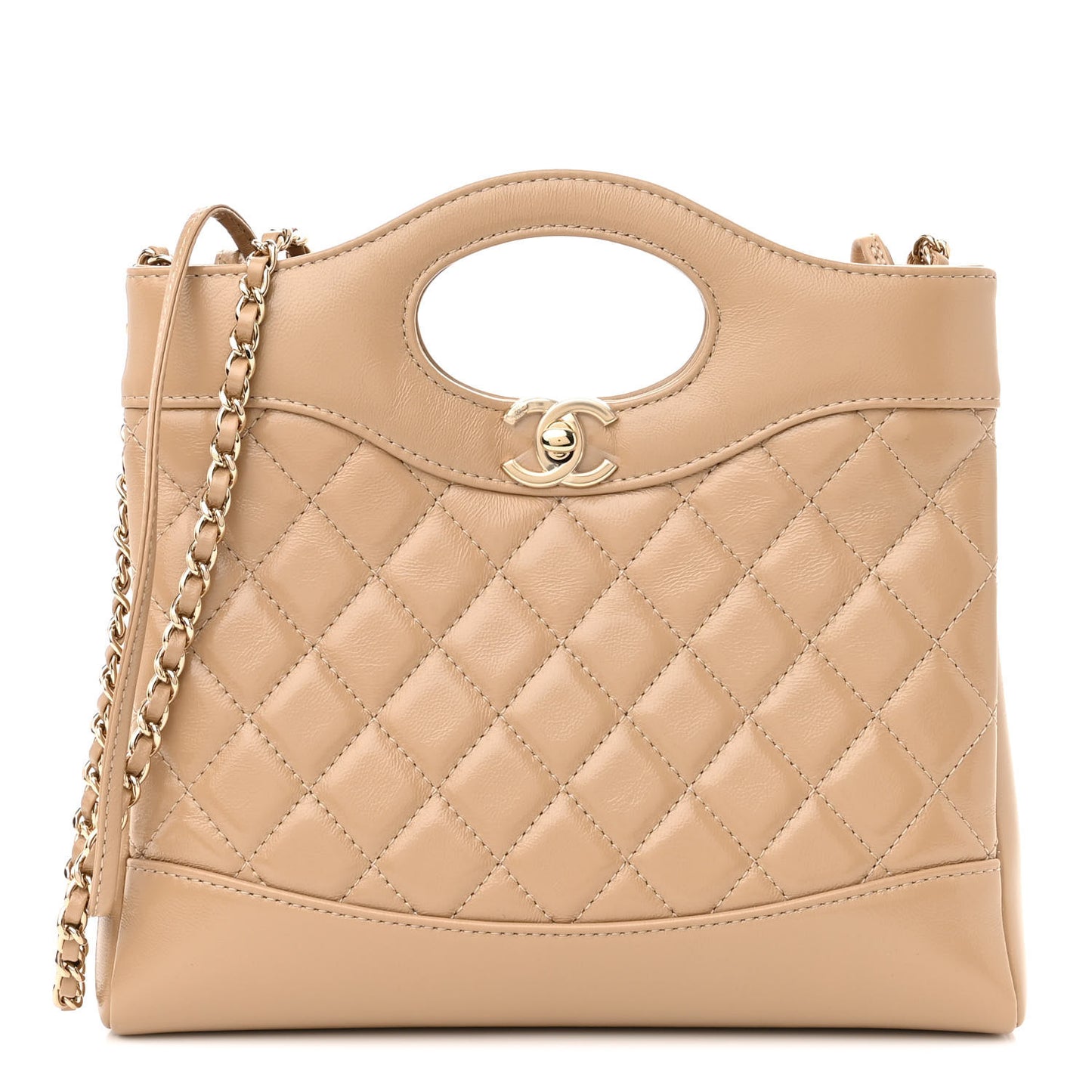 Shiny Crumpled Calfskin Quilted Mini 31 Shopping Bag Dark Beige