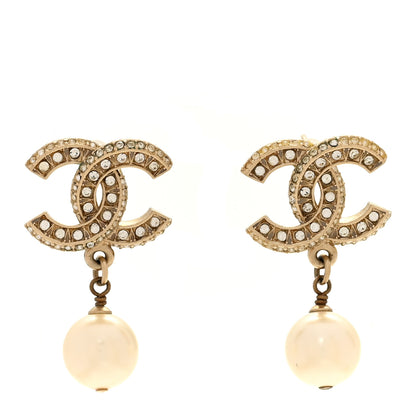 Chanel Crystal Timeless CC Pearl Drop Earrings Light Gold 1 of 5