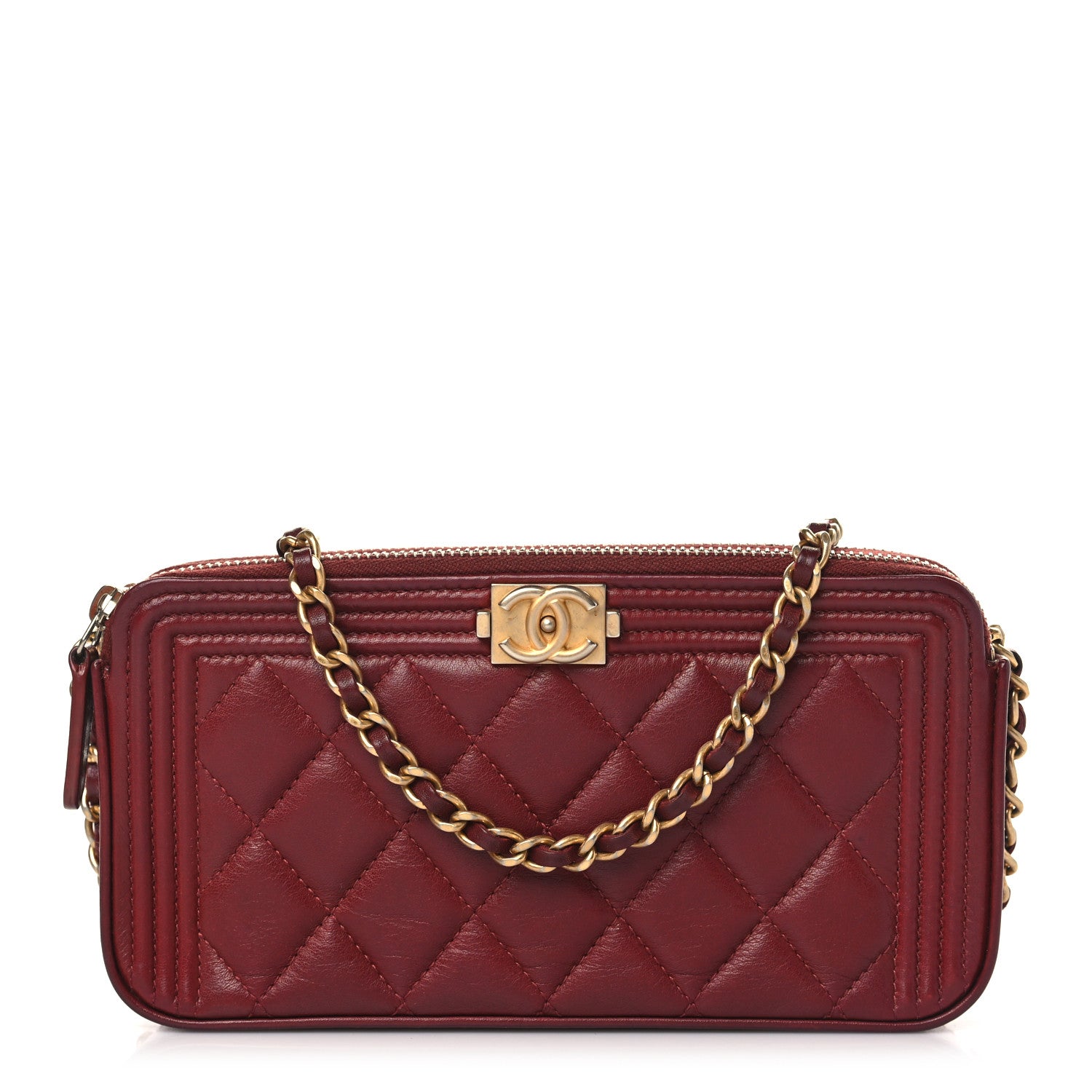Chanel Lambskin Quilted Small Boy Clutch With Chain Dark Red 1 of 10