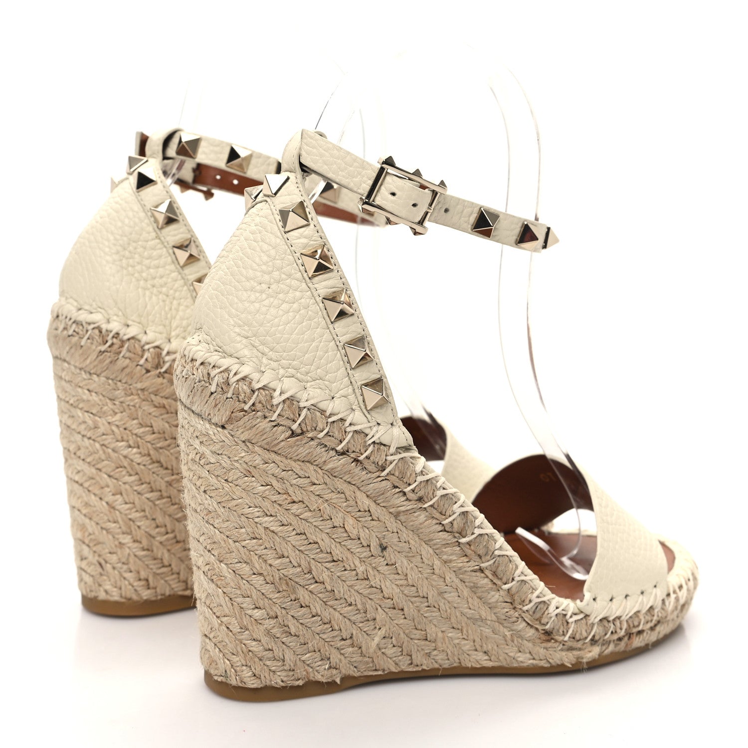 Valentino Garavani Grained Calfskin Rockstud Ankle Strap Espadrille Wedge Sandals 35 Light Ivory 4 of 10