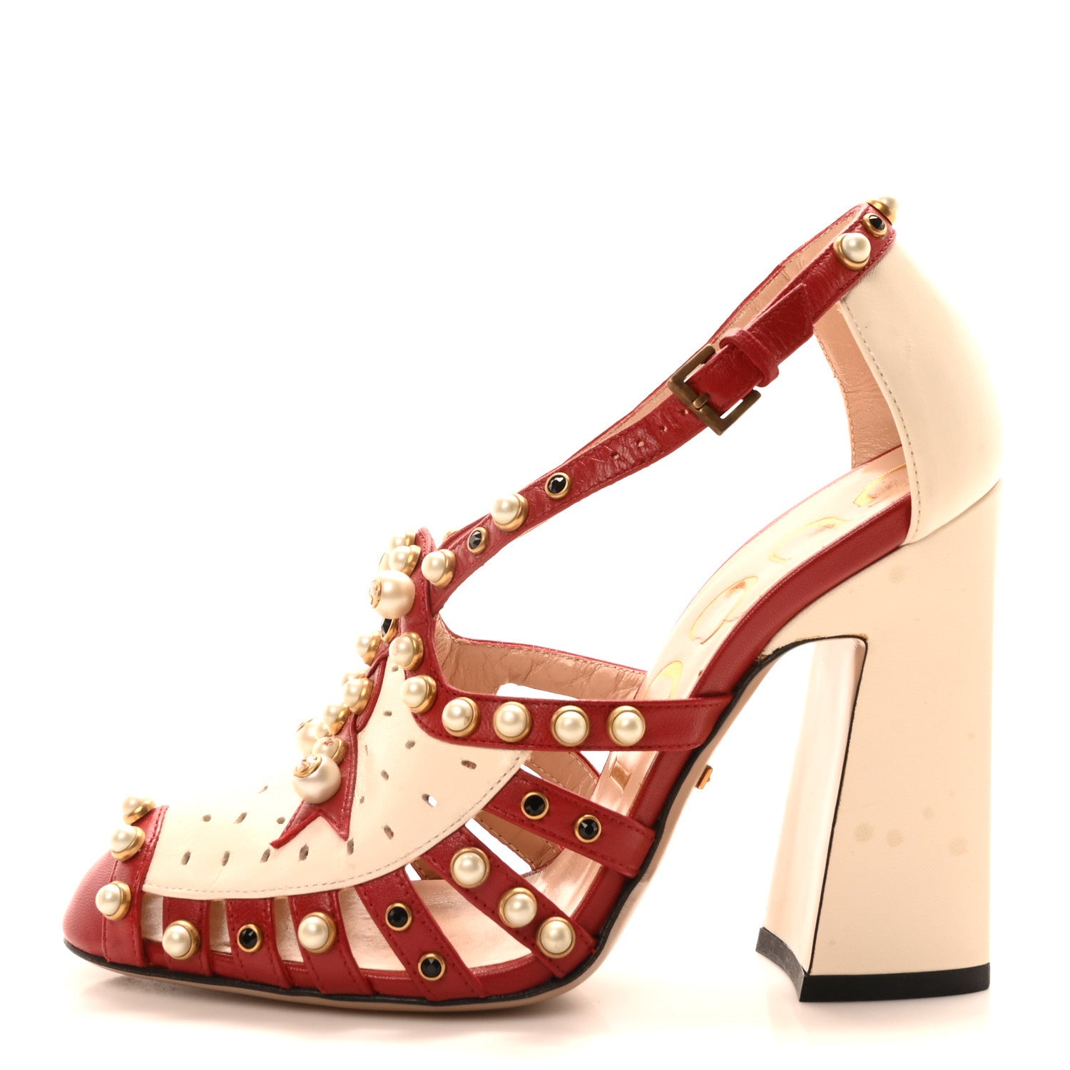 Gucci Calfskin Pearl Studded Tracey Pumps 36 Red White 1 of 9