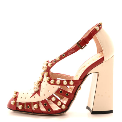 Gucci Calfskin Pearl Studded Tracey Pumps 36 Red White 1 of 9