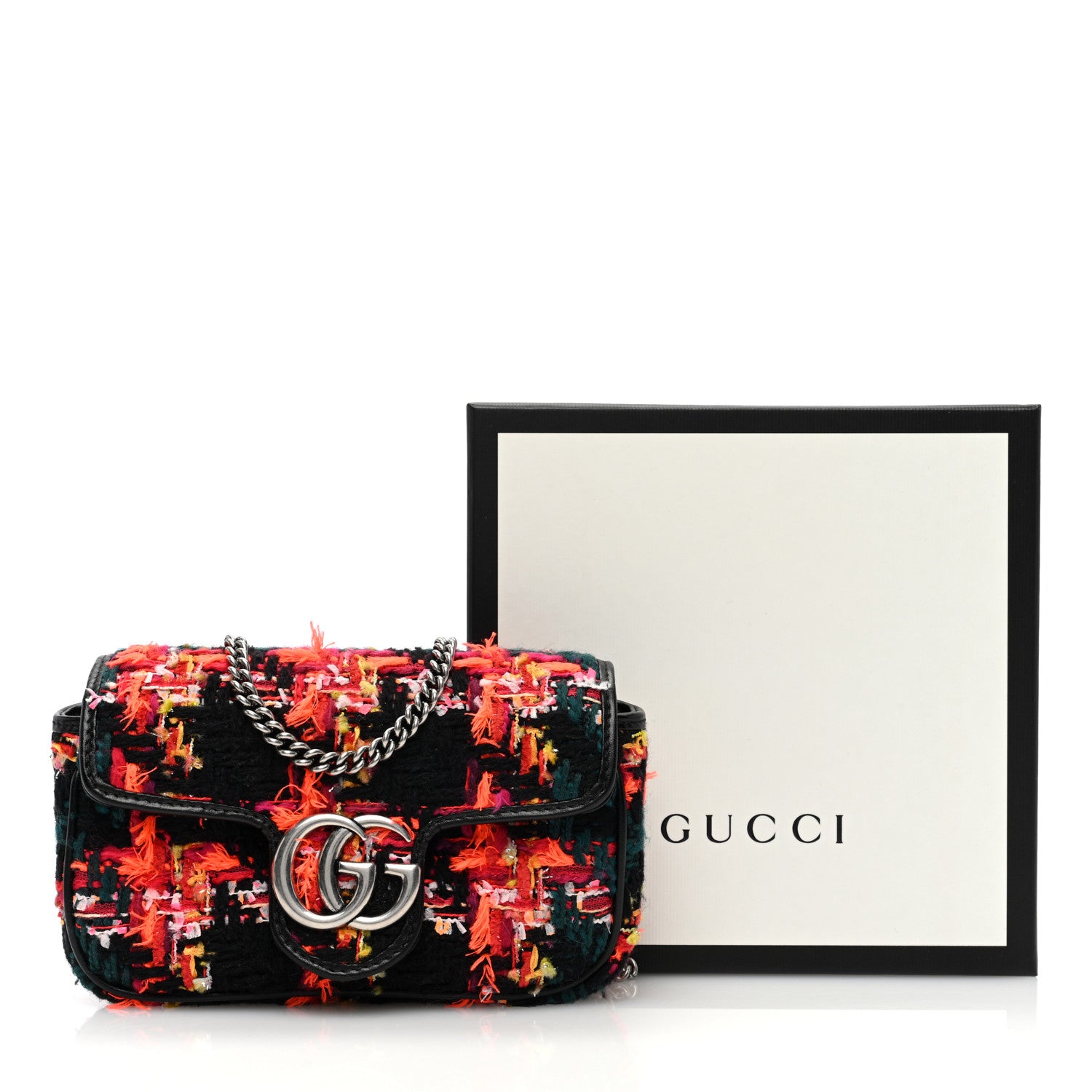 Gucci Tweed Calfskin Check Poule Super Mini GG Marmont Shoulder Bag Pink Petroleum Multicolor Black 10 of 10