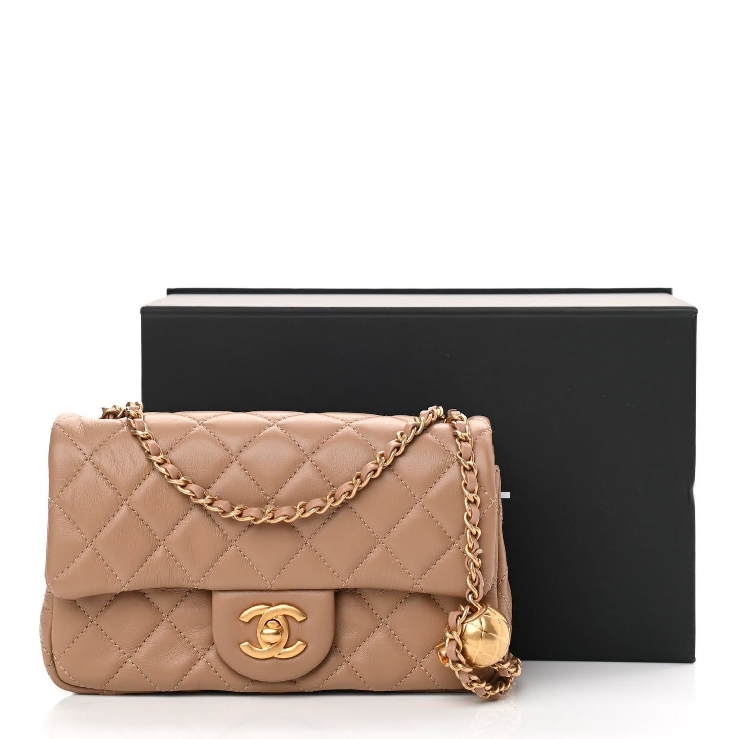 Lambskin Quilted Mini Rectangular Pearl Crush Flap Dark Beige