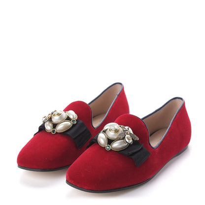 Gucci Velvet Etoile Pearl Embellished Loafers 37 Red 3 of 10