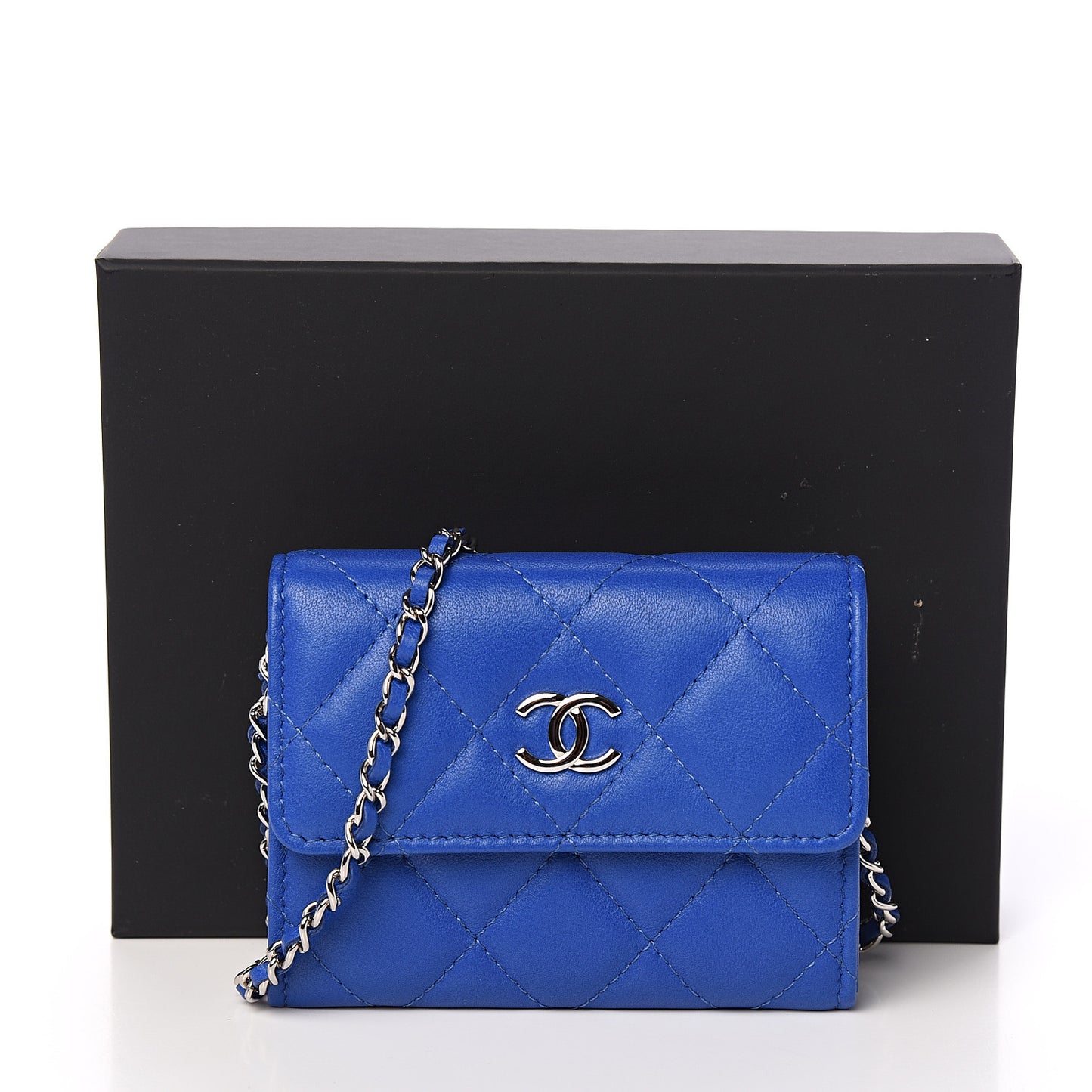 Lambskin Quilted Flap Card Holder On Chain Blue