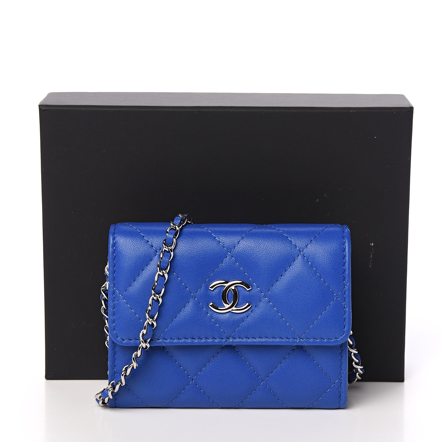 Chanel Lambskin Quilted Flap Card Holder On Chain Blue 10 of 10