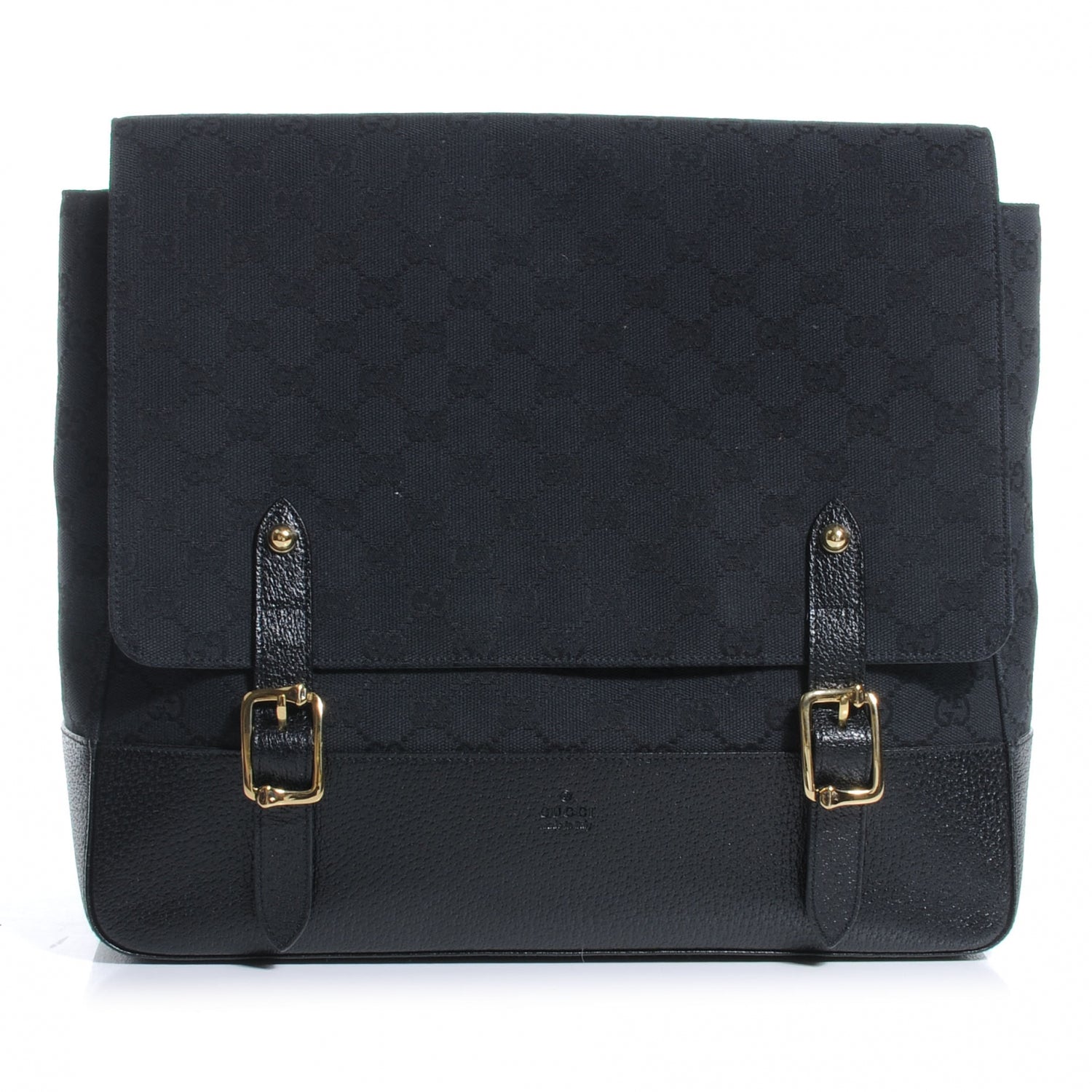 Gucci Monogram Calfskin Double Buckle Flap Messenger Bag Black 1 of 7