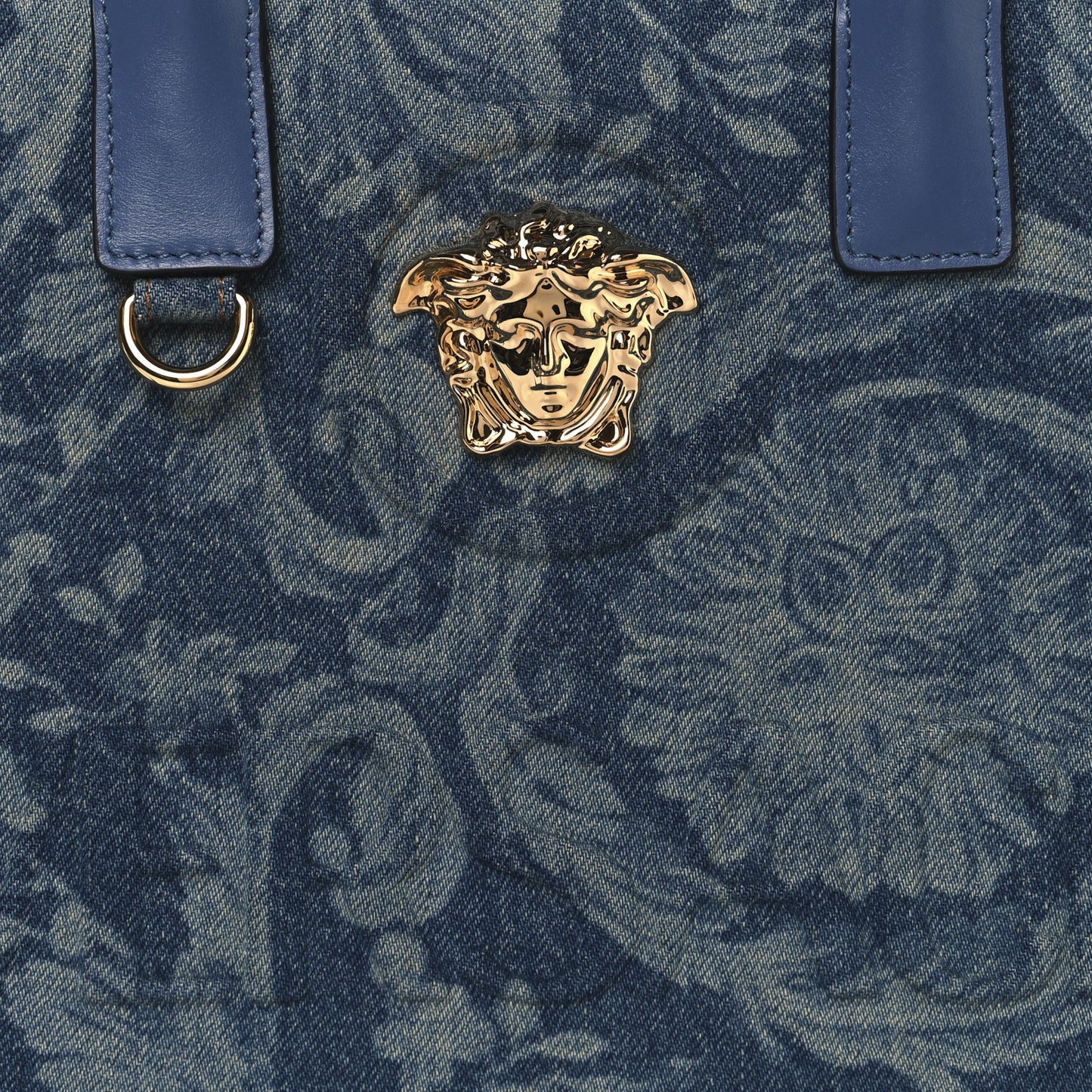 Denim Calfskin Barocco La Medusa Small Tote Bag Blue