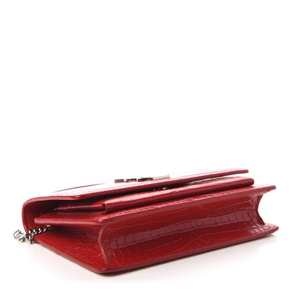 Saint Laurent Calfskin Crocodile Embossed Monogram Sunset Chain Wallet New Lipstick Red 4 of 10