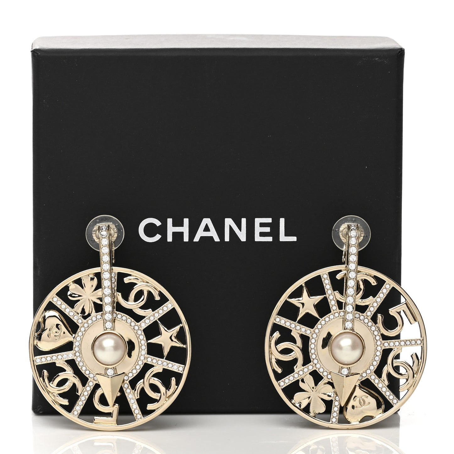 Pearl Crystal Lucky Symbols Round Clip On Earrings Gold Pearly White