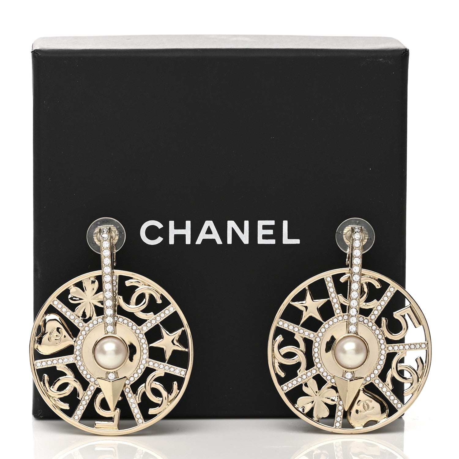 Chanel Pearl Crystal Lucky Symbols Round Clip On Earrings Gold Pearly White 5 of 5