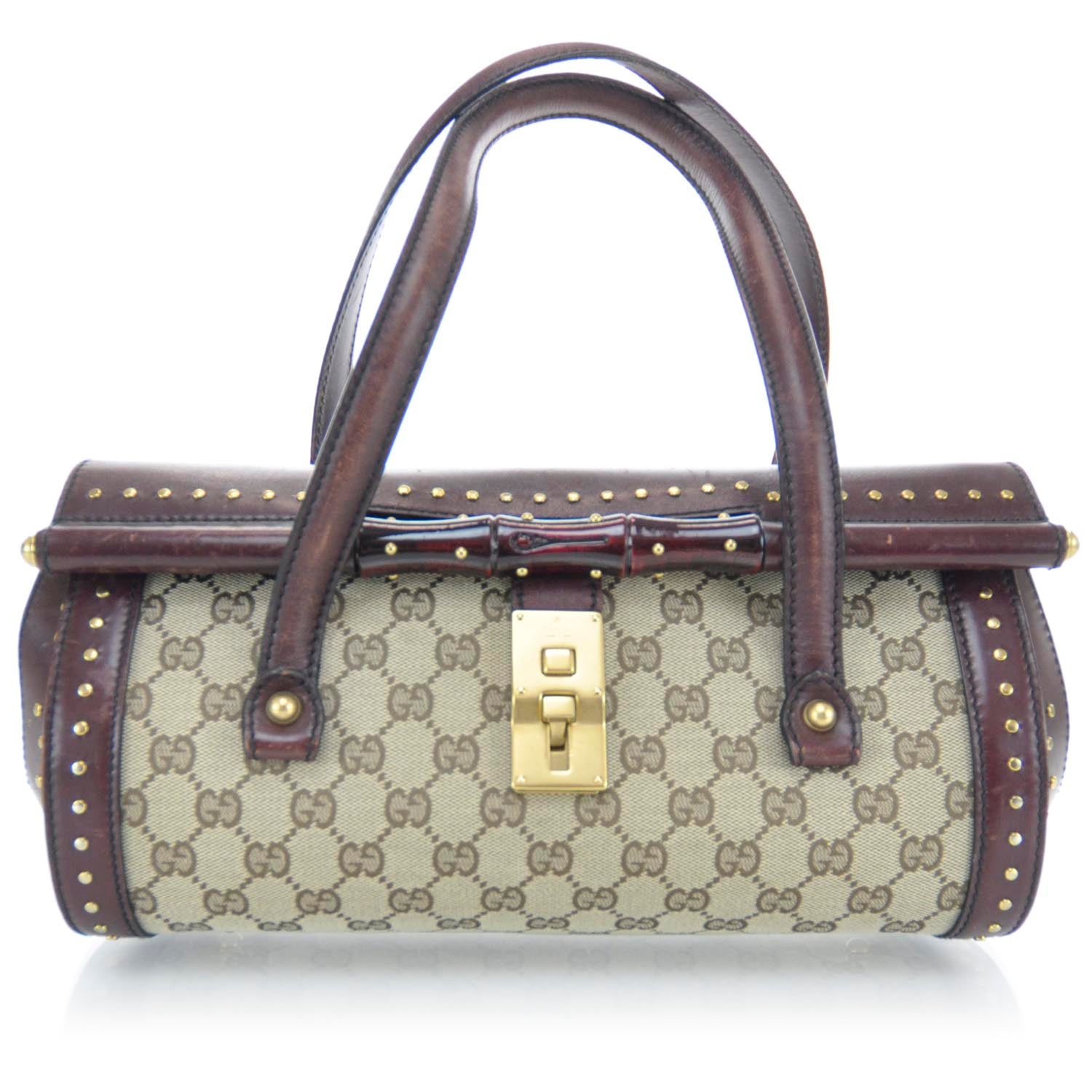 Gucci Monogram Studded Bamboo Bullet Satchel Brown 1 of 11