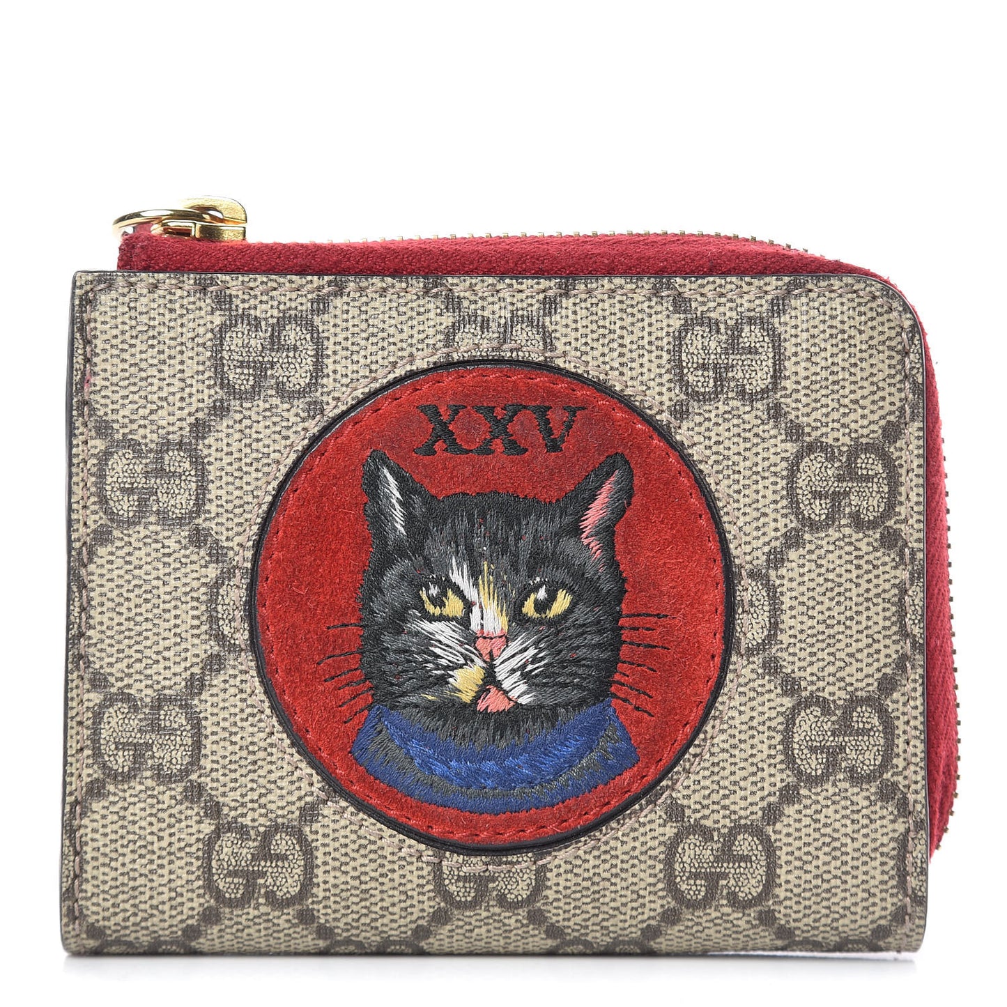 GG Supreme Monogram Mystic Cat Patch Zip Around Card Case Wallet Beige Hibiscus Red
