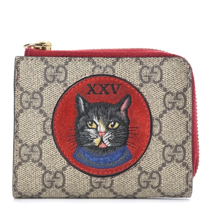 Gucci GG Supreme Monogram Mystic Cat Patch Zip Around Card Case Wallet Beige Hibiscus Red 1 of 11