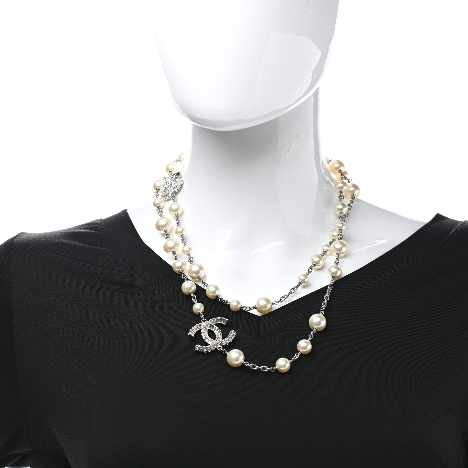 Chanel Pearl Baguette Crystal CC Long Necklace Silver 2 of 5