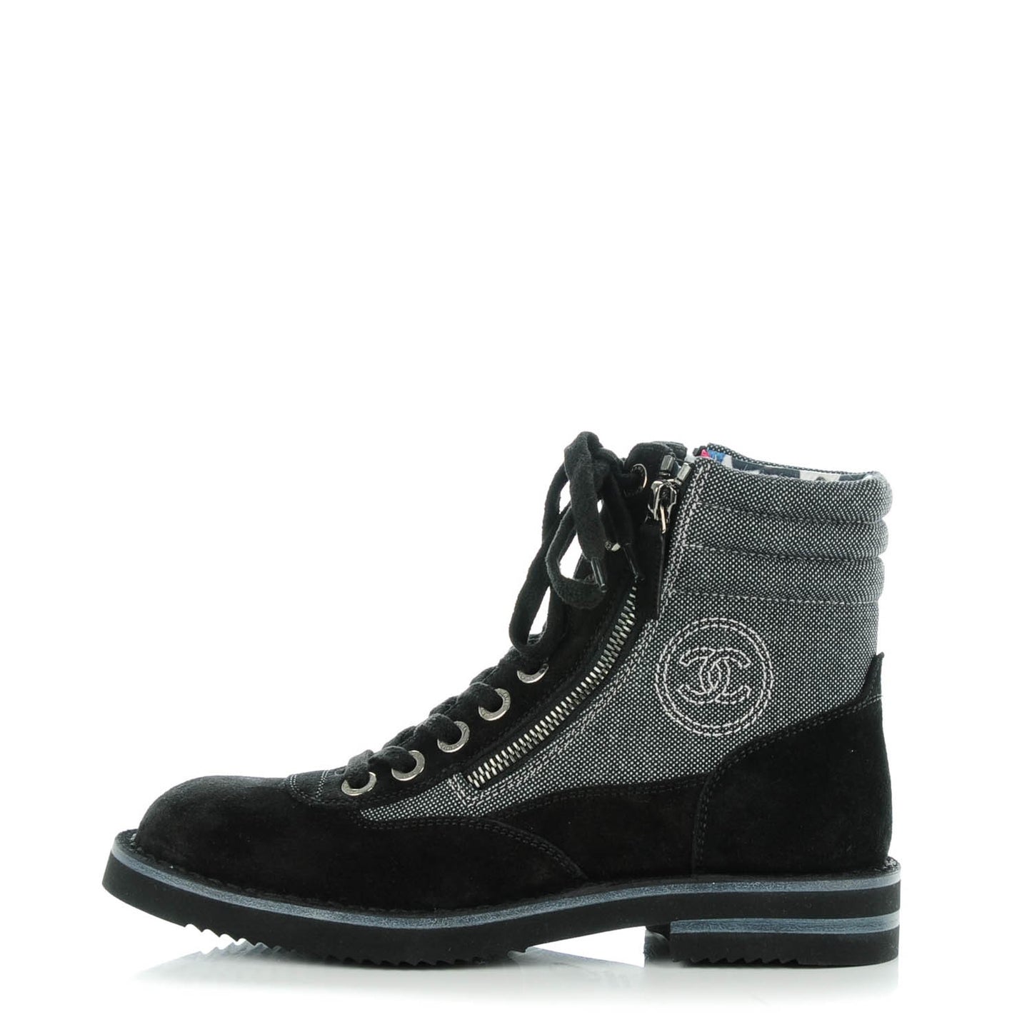 Toile Suede Calfskin CC Lace Up Short Boots 36.5 Dark Grey