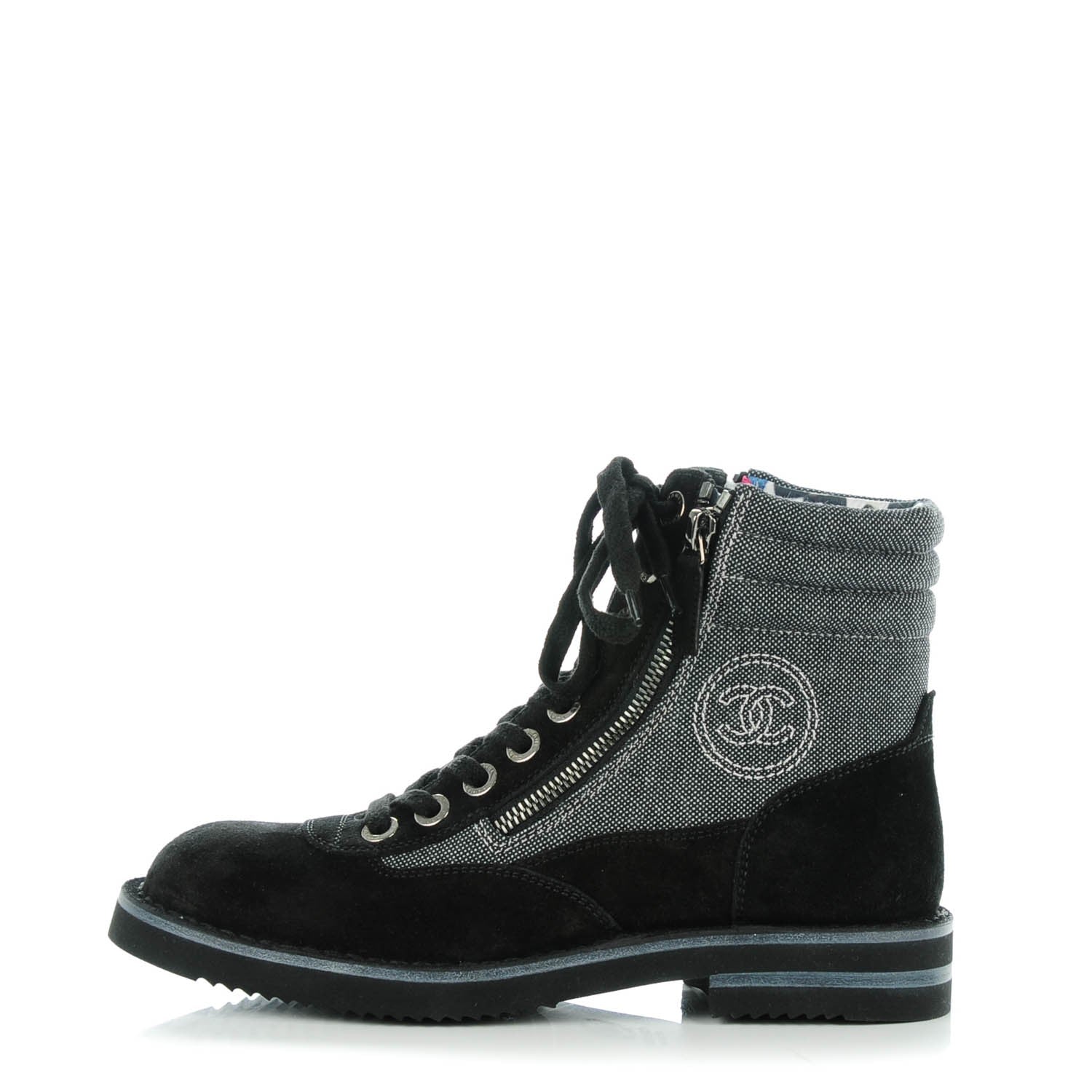 Chanel Toile Suede Calfskin CC Lace Up Short Boots 36.5 Dark Grey 1 of 7