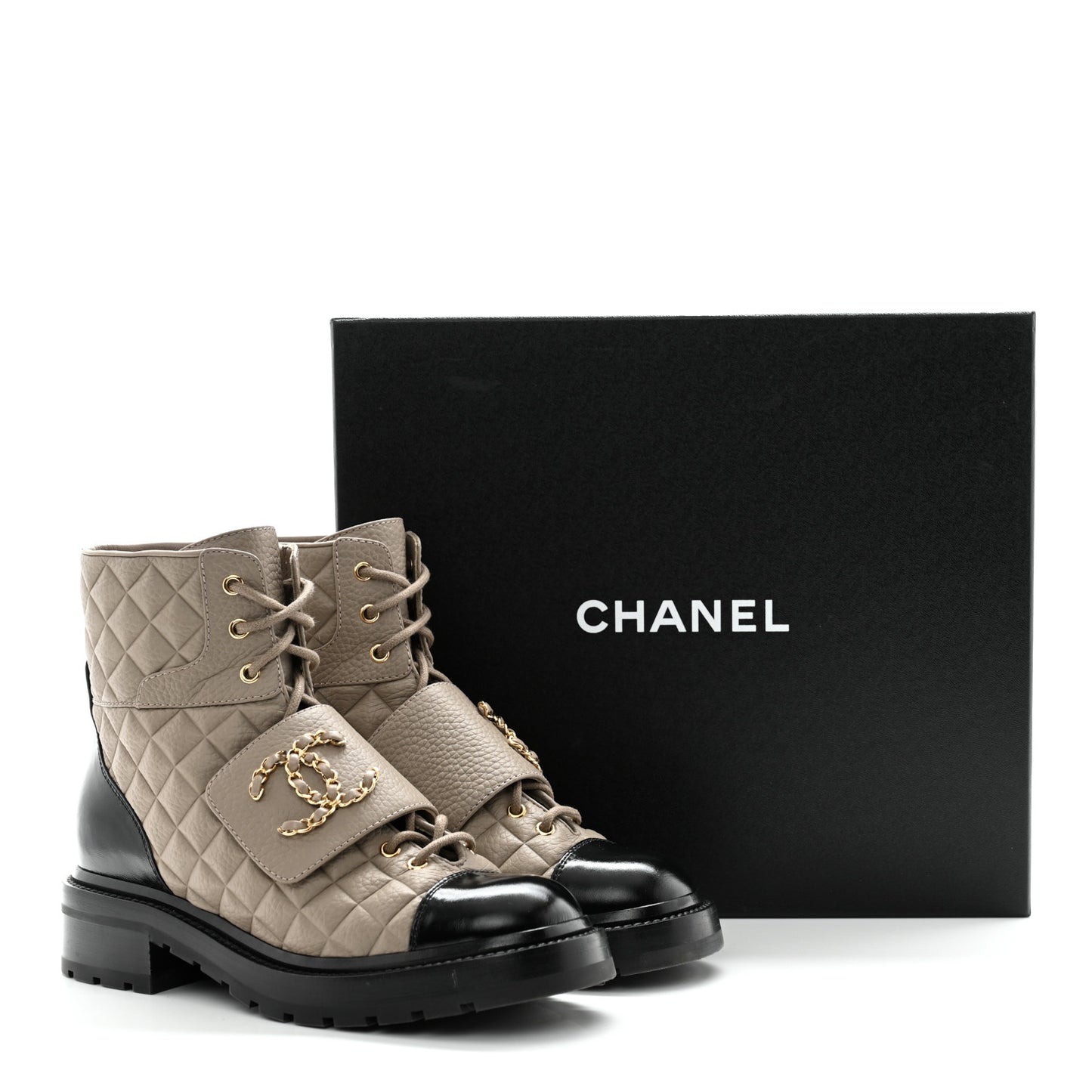 Calfskin Shiny Calfskin Quilted Lace Up Combat Boots 38.5 Dark Beige Black