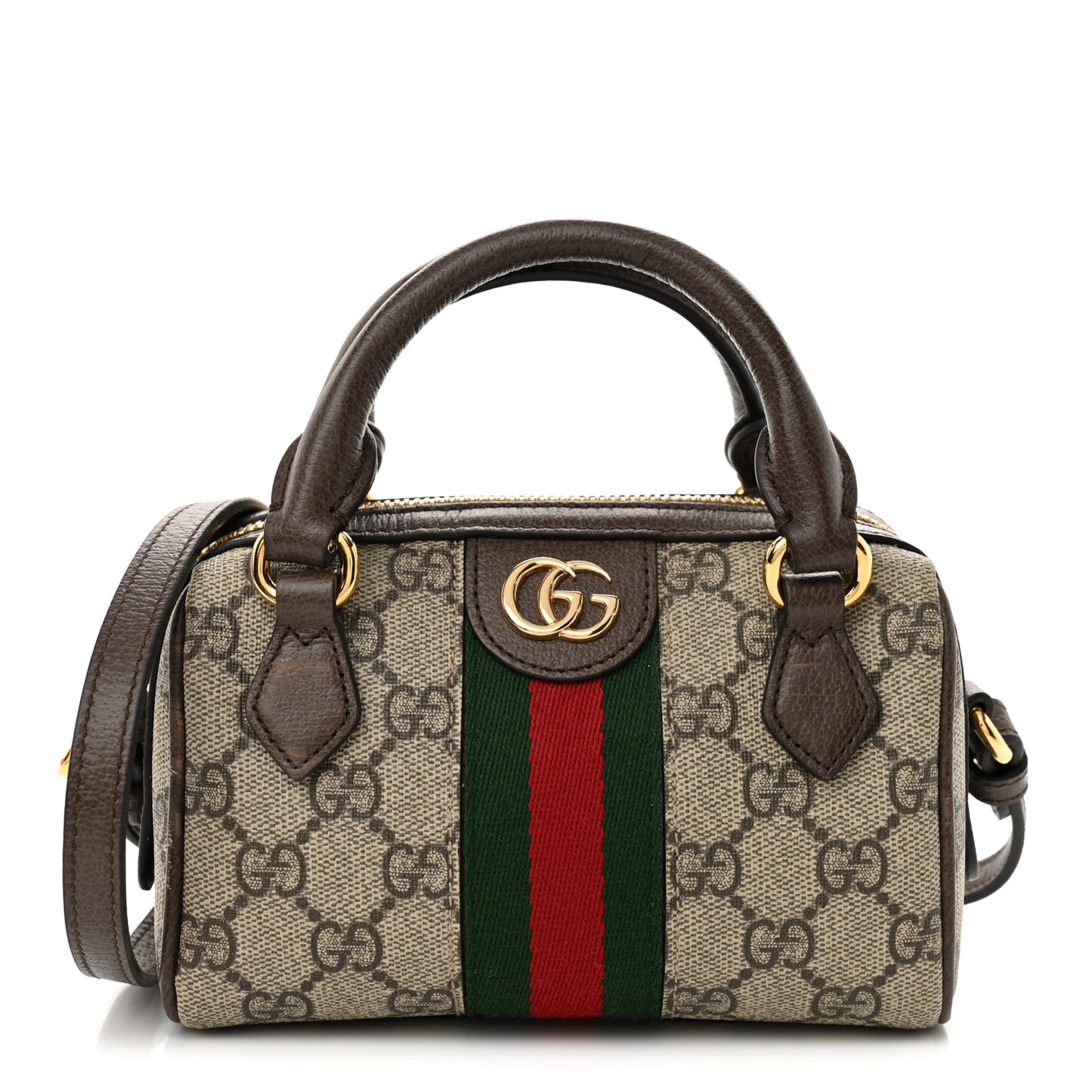 GG Supreme Monogram Textured Dollar Calfskin Web Super Mini Ophidia Top Handle Bowler Bag Beige Ebony New Acero