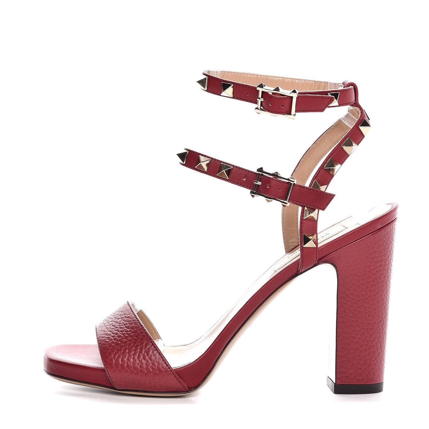Pebbled Calfskin Rockstud Ankle Strap 5/105mm Sandals 37 Rubino