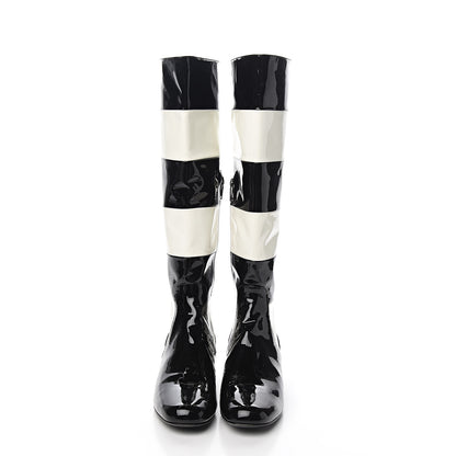 Saint Laurent Patent Striped Knee High Boots 38.5 Black White 2 of 9