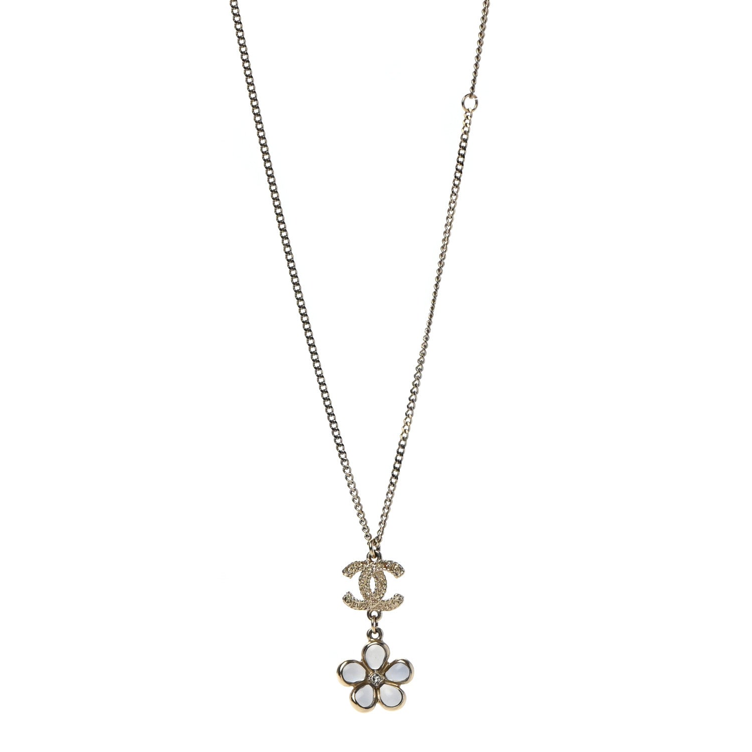 Chanel Metal Resin Diamante CC Flower Necklace Gold 1 of 6