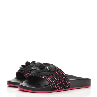 Chanel Tweed Grosgrain Camellia CC Flat Mules 39 Black Pink 3 of 9