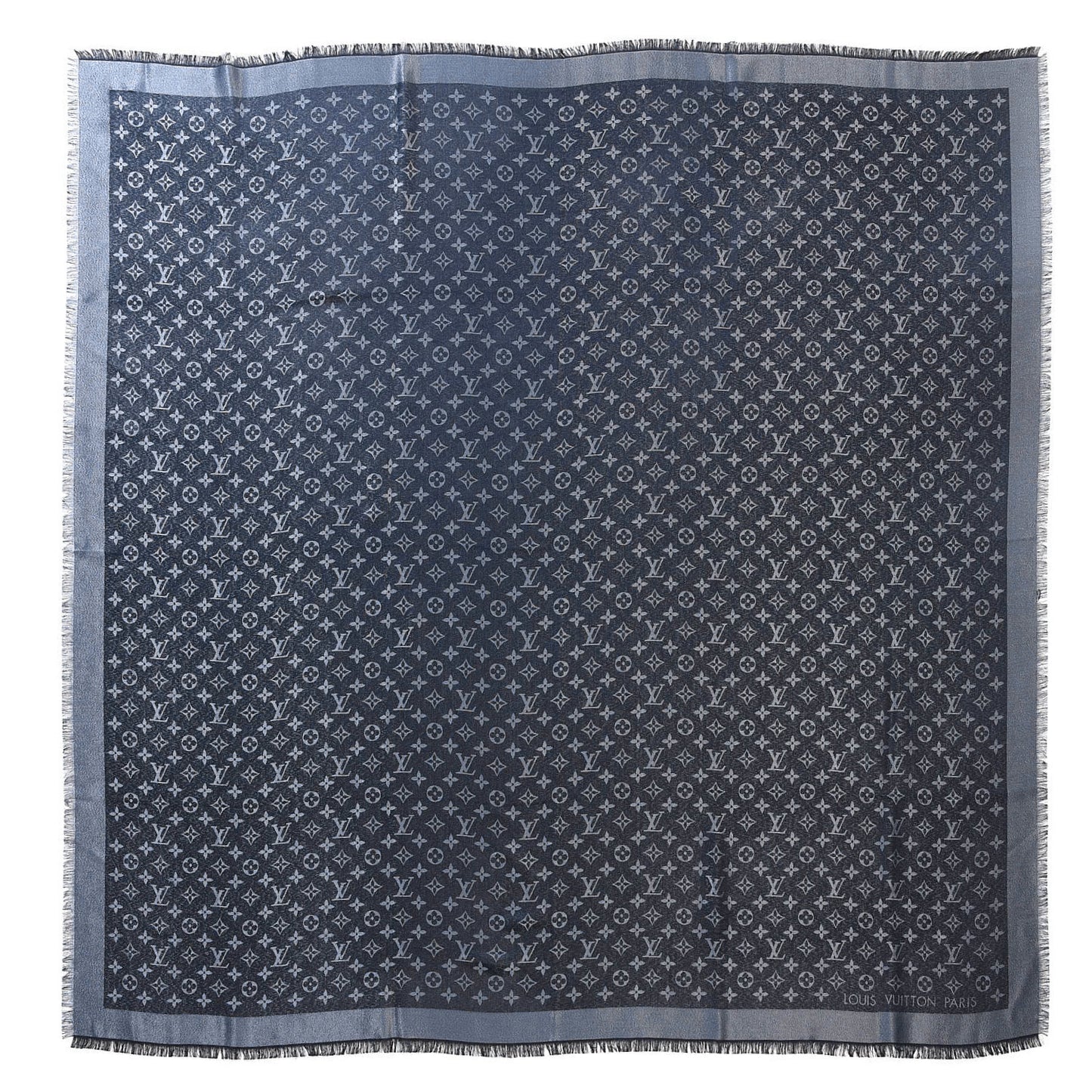 Wool Silk Monogram Shawl Blue Nuit