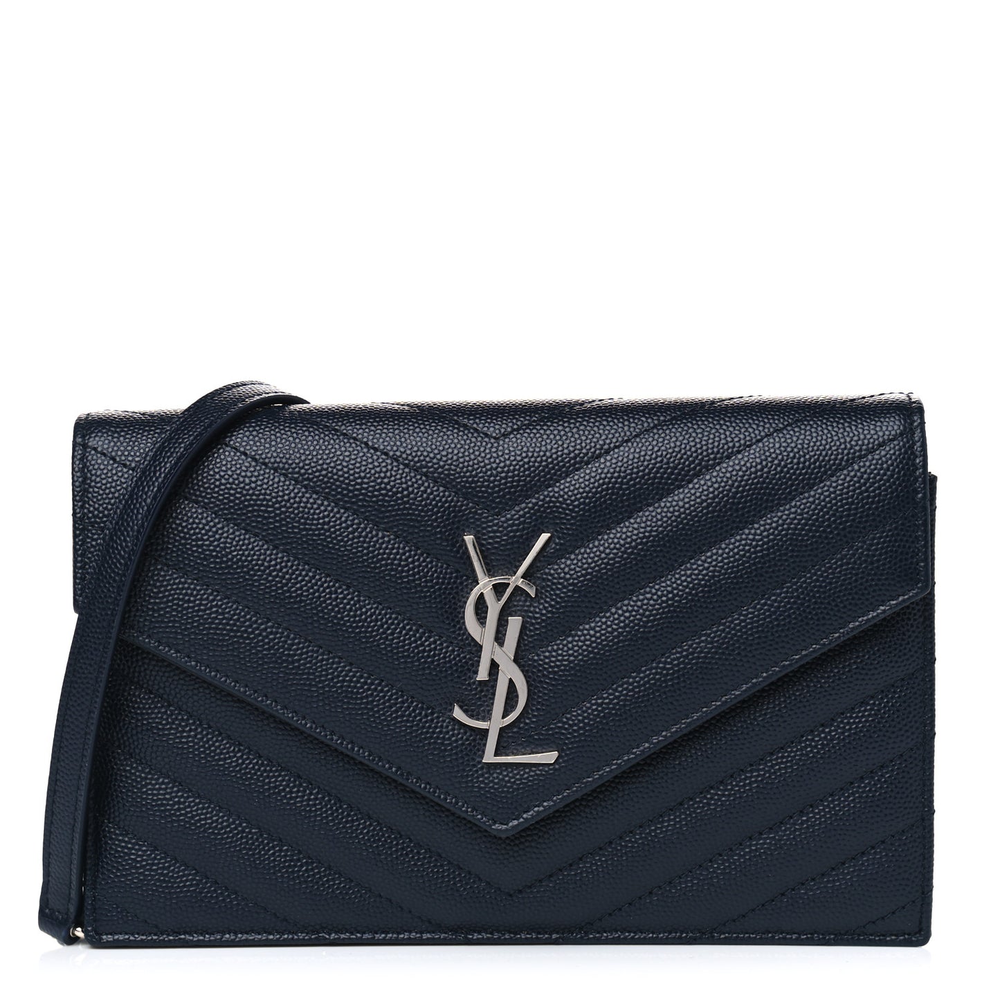 Grain De Poudre Matelasse Chevron Monogram Envelope Chain Wallet Navy