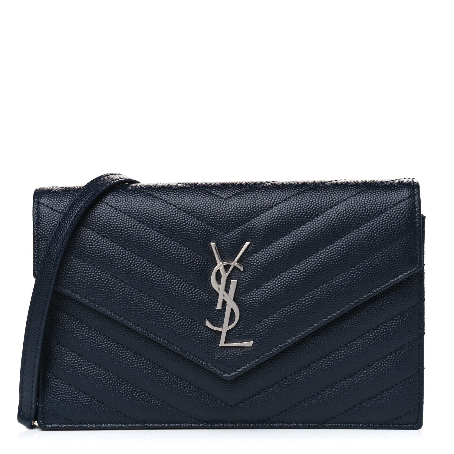 Saint Laurent Grain De Poudre Matelasse Chevron Monogram Envelope Chain Wallet Navy 1 of 4