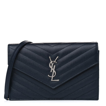 Saint Laurent Grain De Poudre Matelasse Chevron Monogram Envelope Chain Wallet Navy 1 of 4