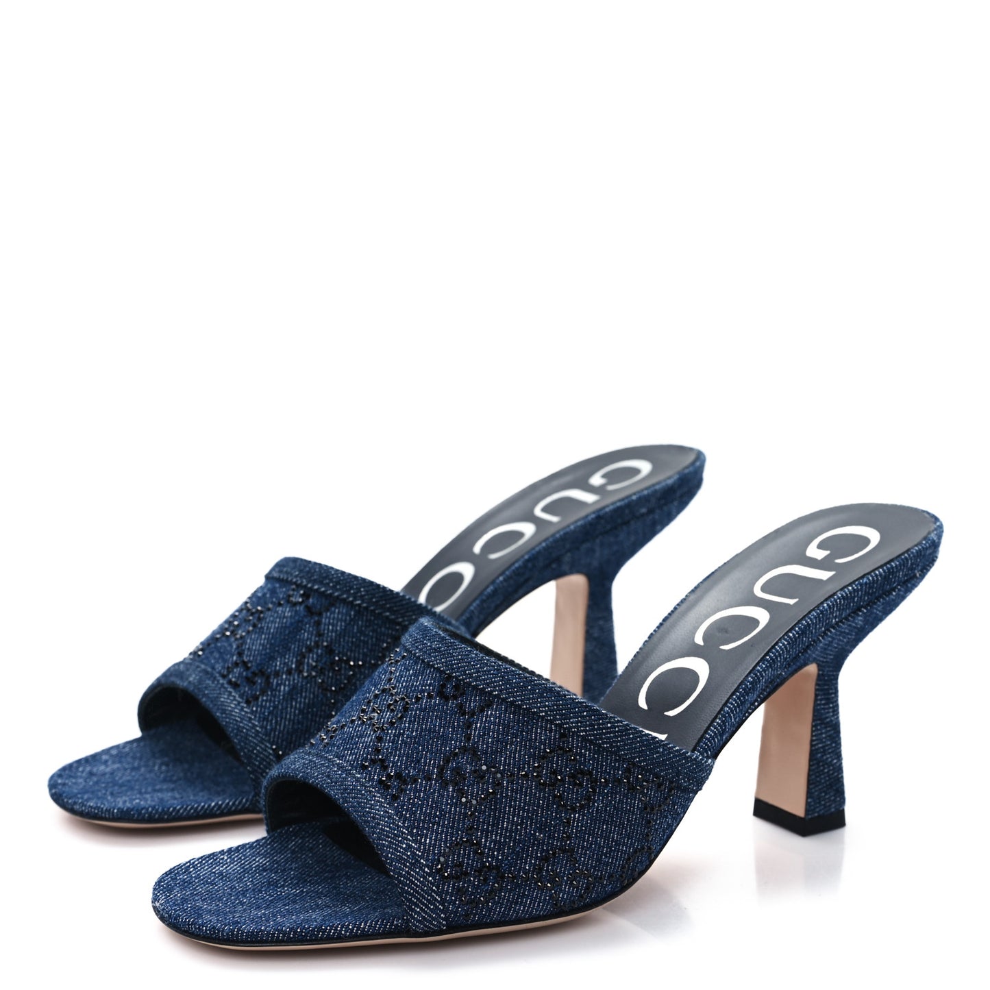 Denim Crystal GG Monogram Mules 38 Blue