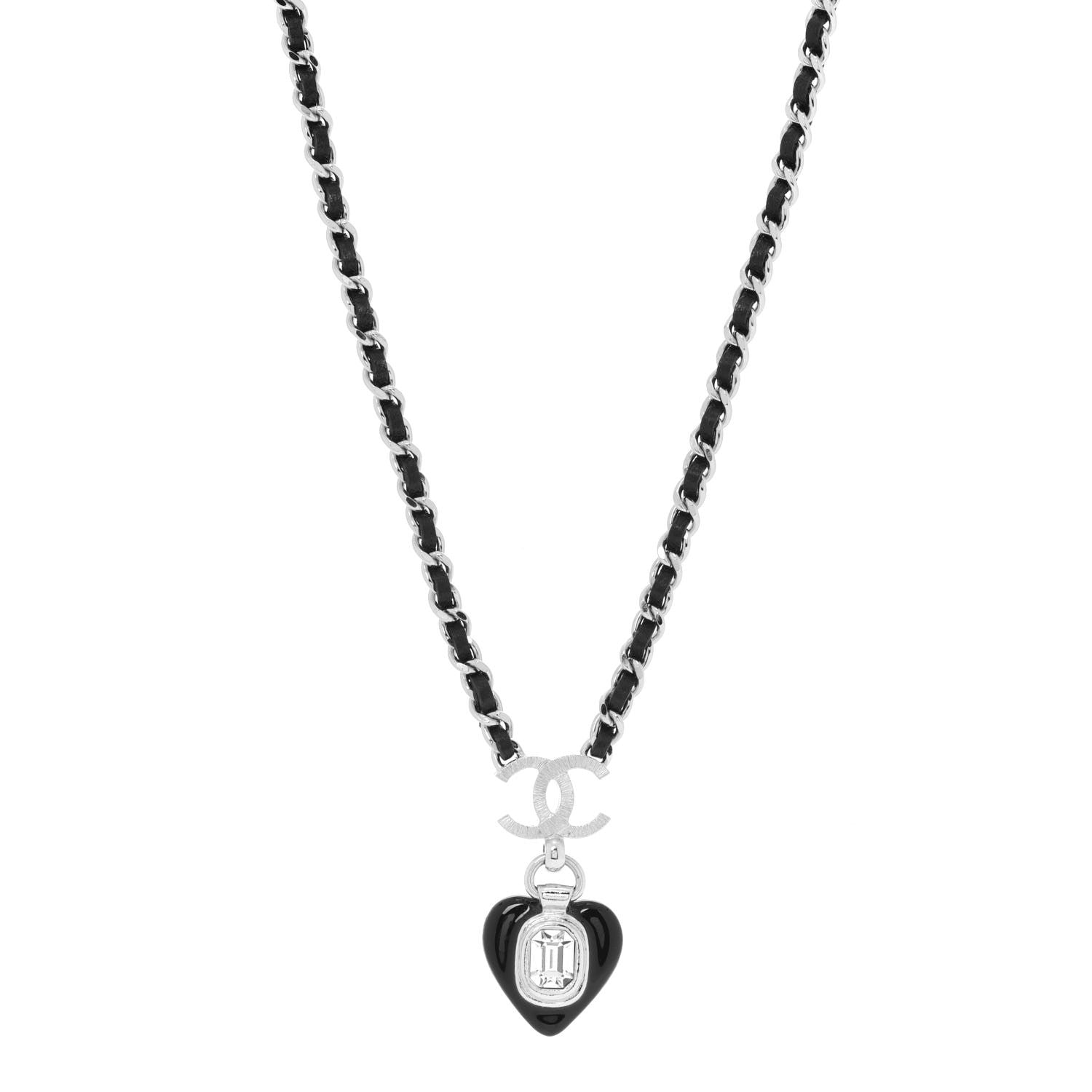 Chanel Lambskin Crystal Resin CC Heart Necklace Black Silver 1 of 5