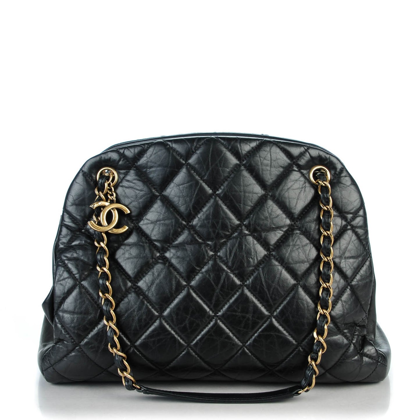 Aged Calfskin Quilted Large Mademoiselle Bowling Bag Black