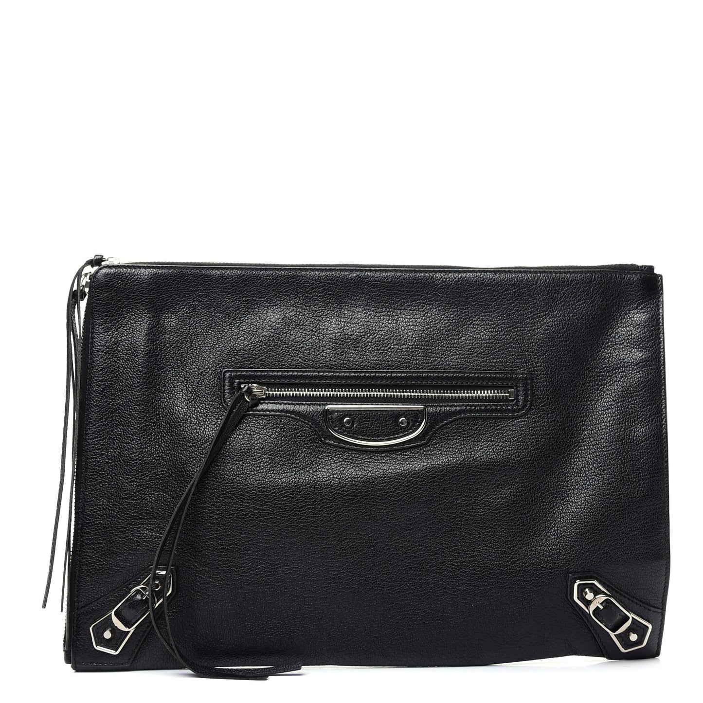 Chevre Silver Metallic Edge Hardware Pouch Black