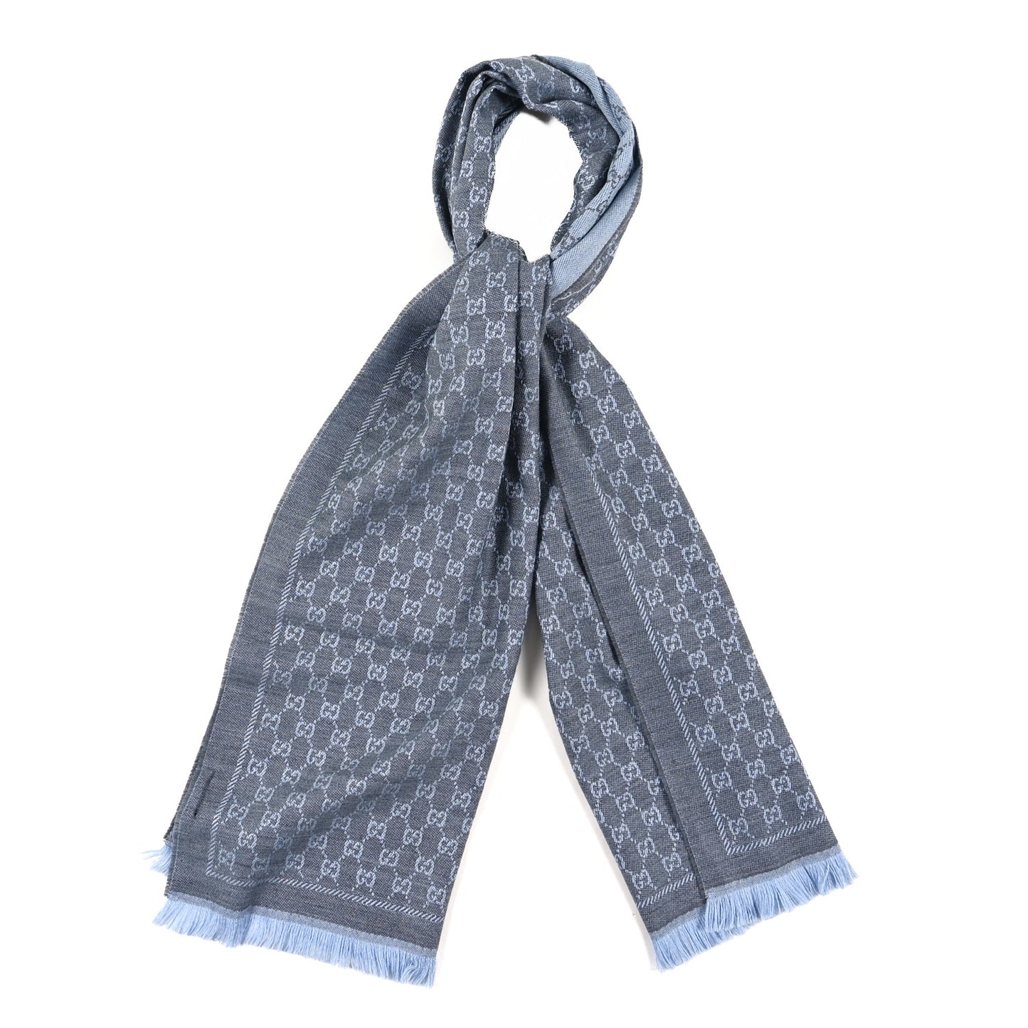 Wool GG Monogram Reversible New Sten Fringe Scarf Flannel Sky Blue