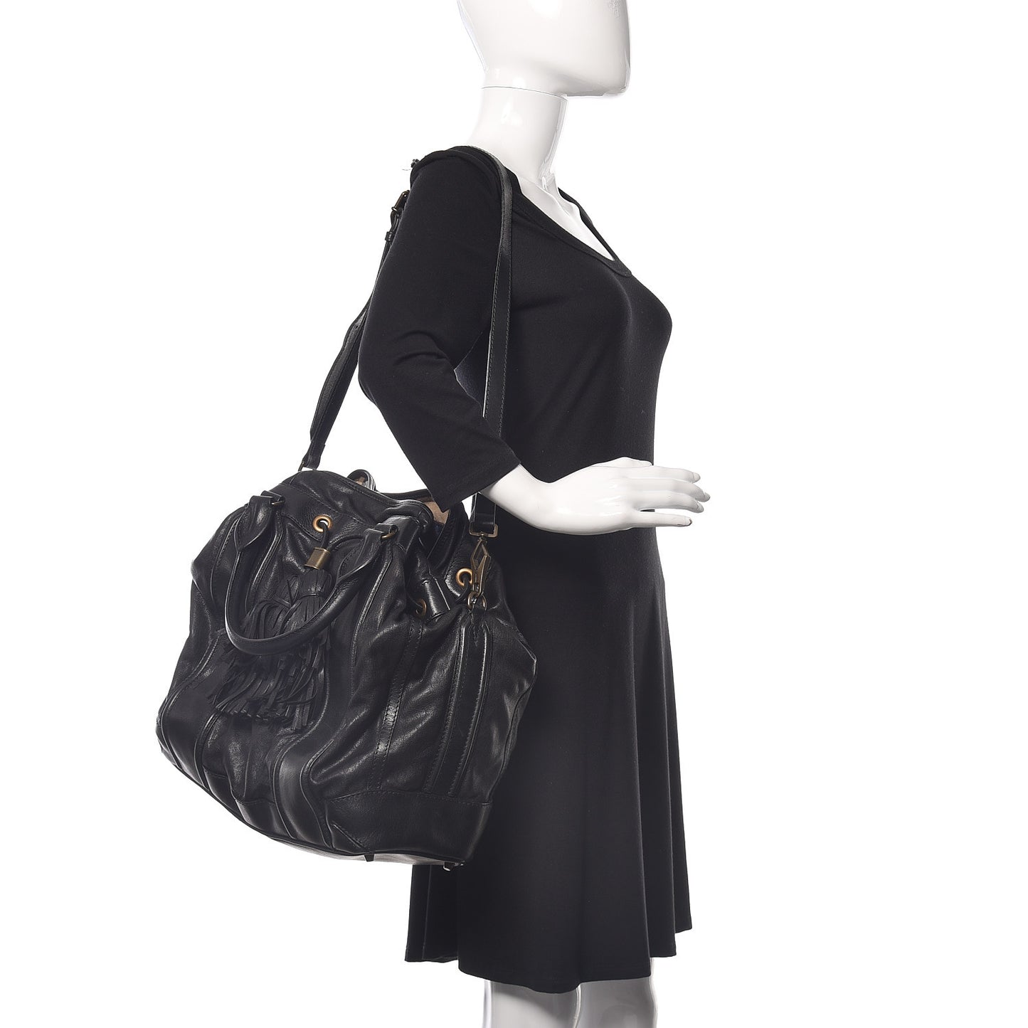 Grainy Calfskin Tassel Drawstring Shoulder Bag Black