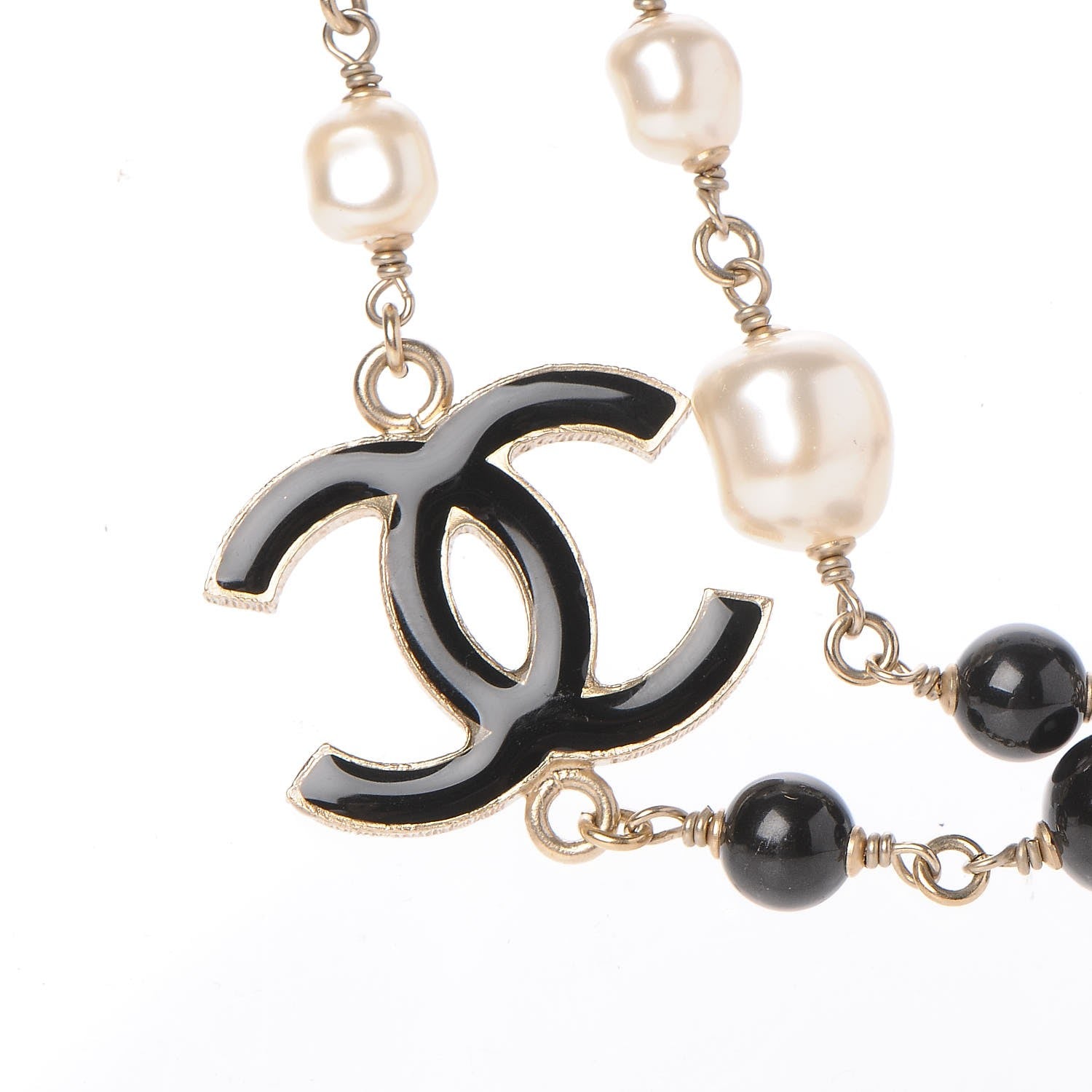 Chanel Pearl Bead Enamel CC Long Necklace Black Gold 4 of 7