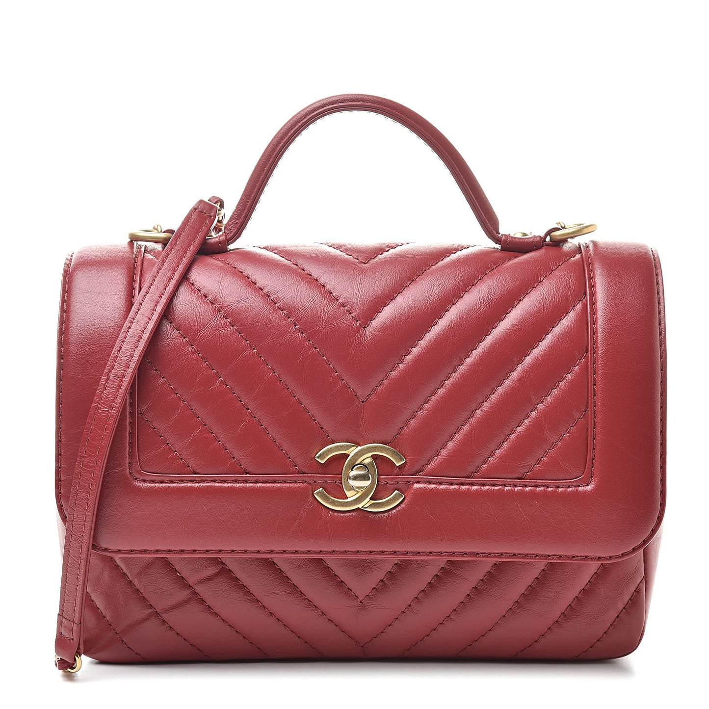 Calfskin Chevron Quilted Top Handle Flap Red
