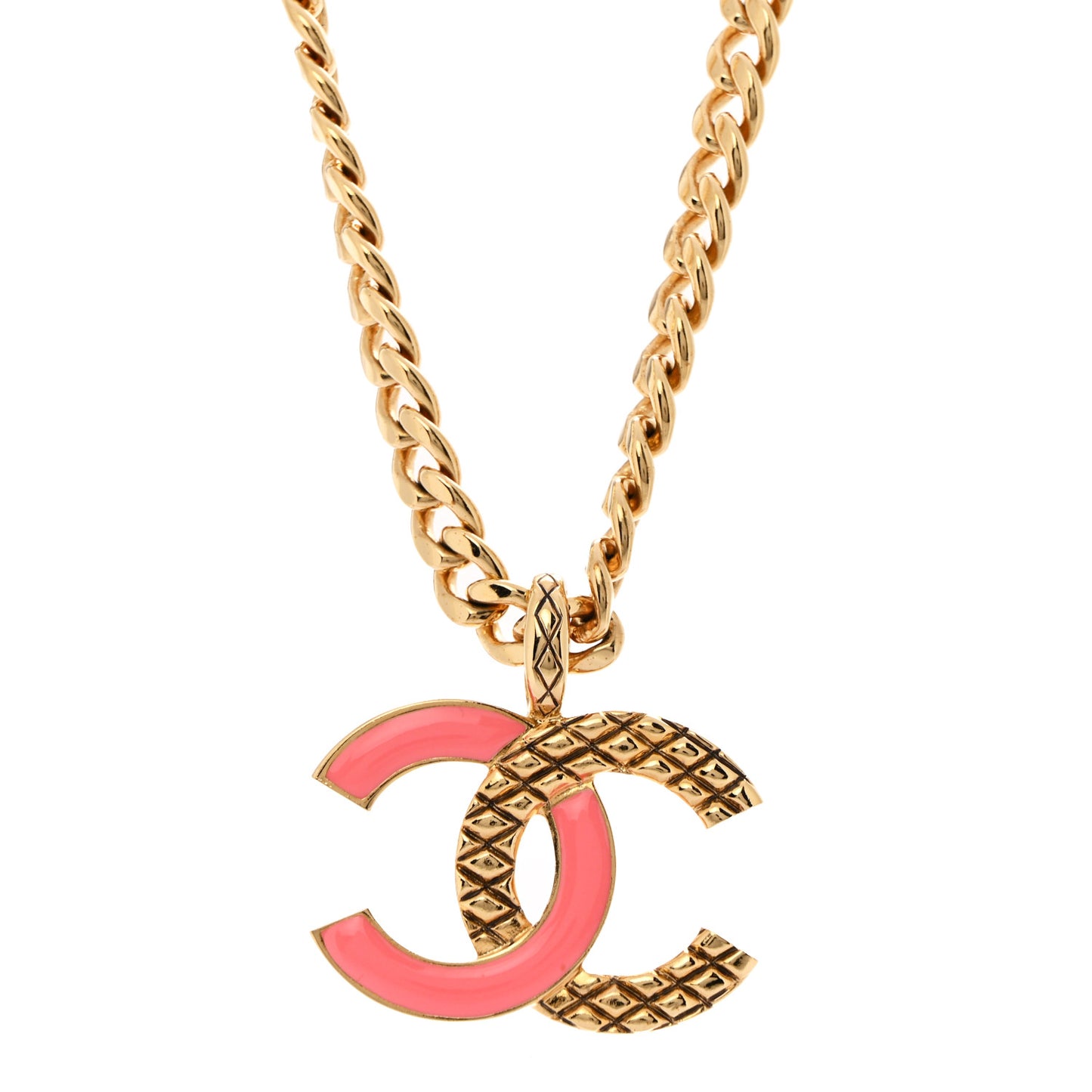 Metal Enamel Quilted CC Chain Necklace Pendant Gold Pink