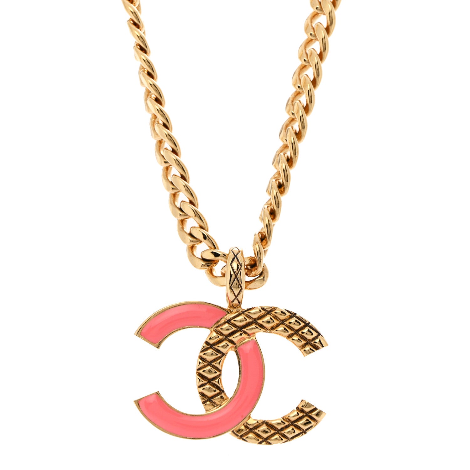 Chanel Metal Enamel Quilted CC Chain Necklace Pendant Gold Pink 4 of 7