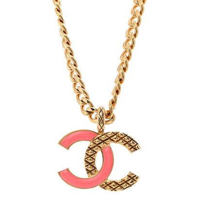 Chanel Metal Enamel Quilted CC Chain Necklace Pendant Gold Pink 4 of 7