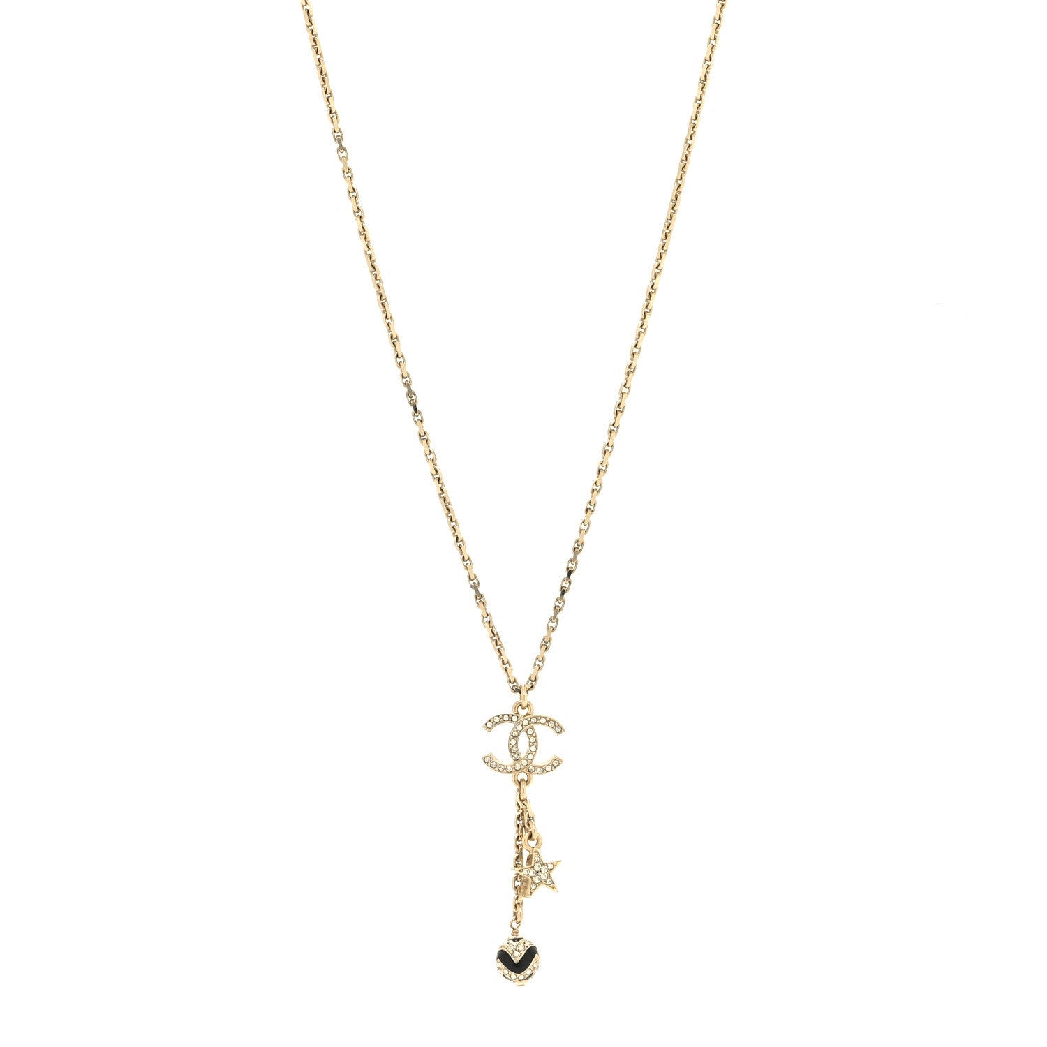 Chanel Crystal Star CC Drop Pendant Necklace Black Gold 1 of 5