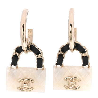 Chanel Metal Resin Calfskin Quilted CC Turnlock Chain Bag Earrings Gold Pearly White 1 of 5