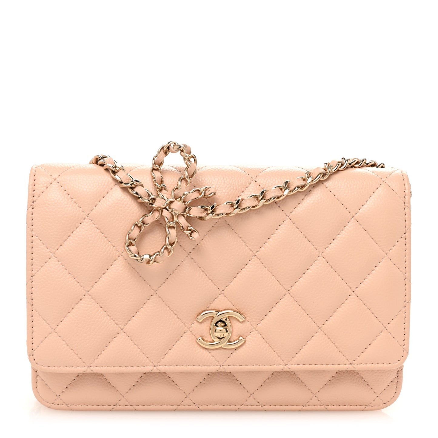 Caviar Quilted Bow Wallet On Chain WOC Light Beige