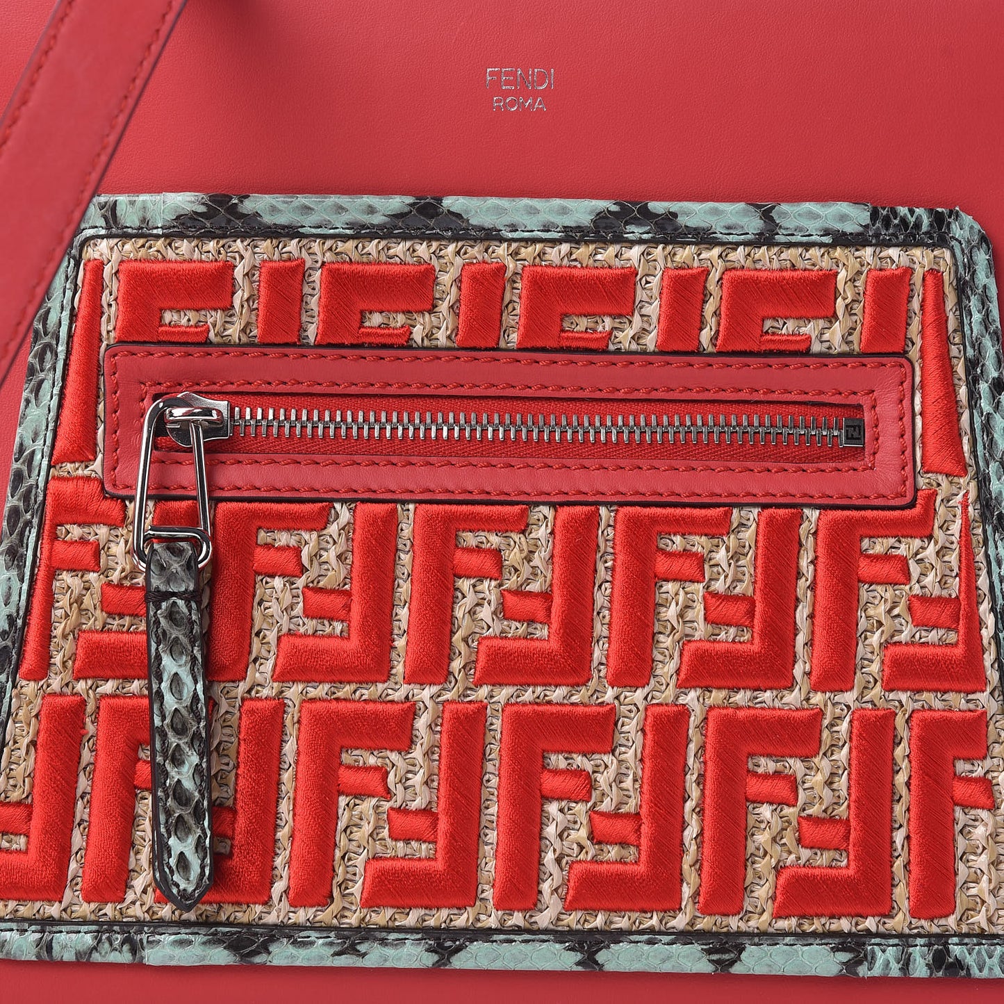 Vitello Century Raffia Elaphe F is Fendi FF Woven Embroidered Small Runaway Satchel Fiamma Menta